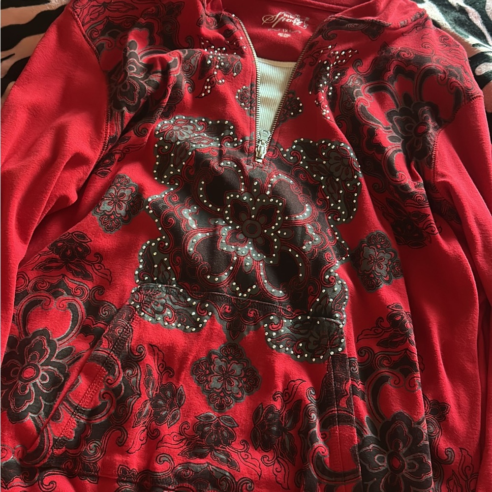 Red And Black Y2k Zip-Up Hoodie fulfilled with bedazzled design.